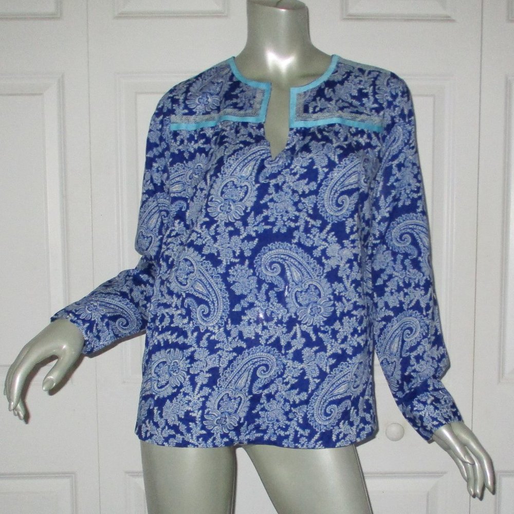 J. CREW Blue & White Paisley Embroidered Long Sleeve Blouse